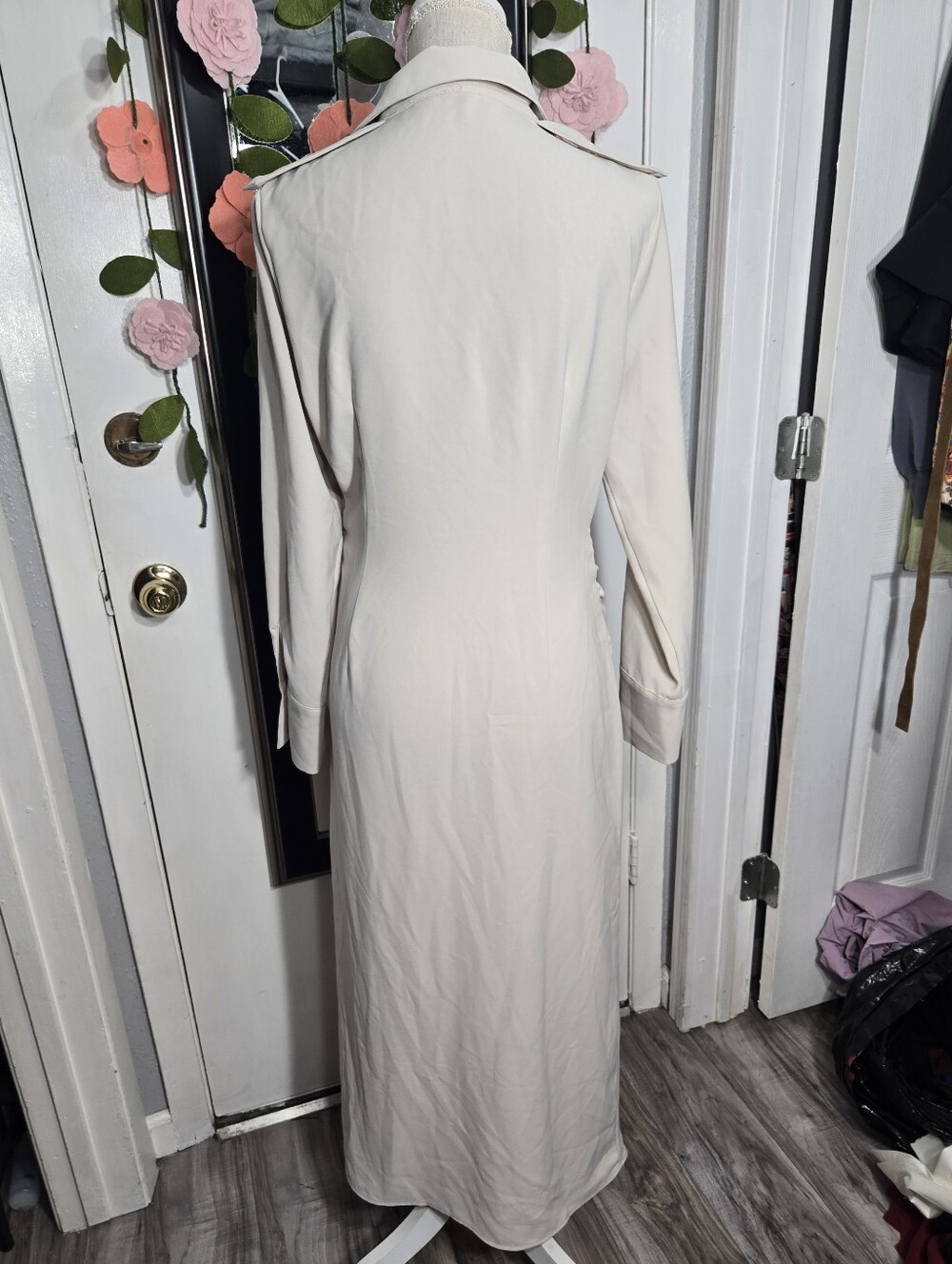 Zara Woman Draped Waist Midi Dress Sz L Cream Color Front Slit - Picture 9 of 13